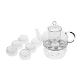 Borosilicate Heat-resistant Glass Tea Pot Set Infuser Teapot + Warmer + 6 Double Wall Tea Cups - SquareDubai